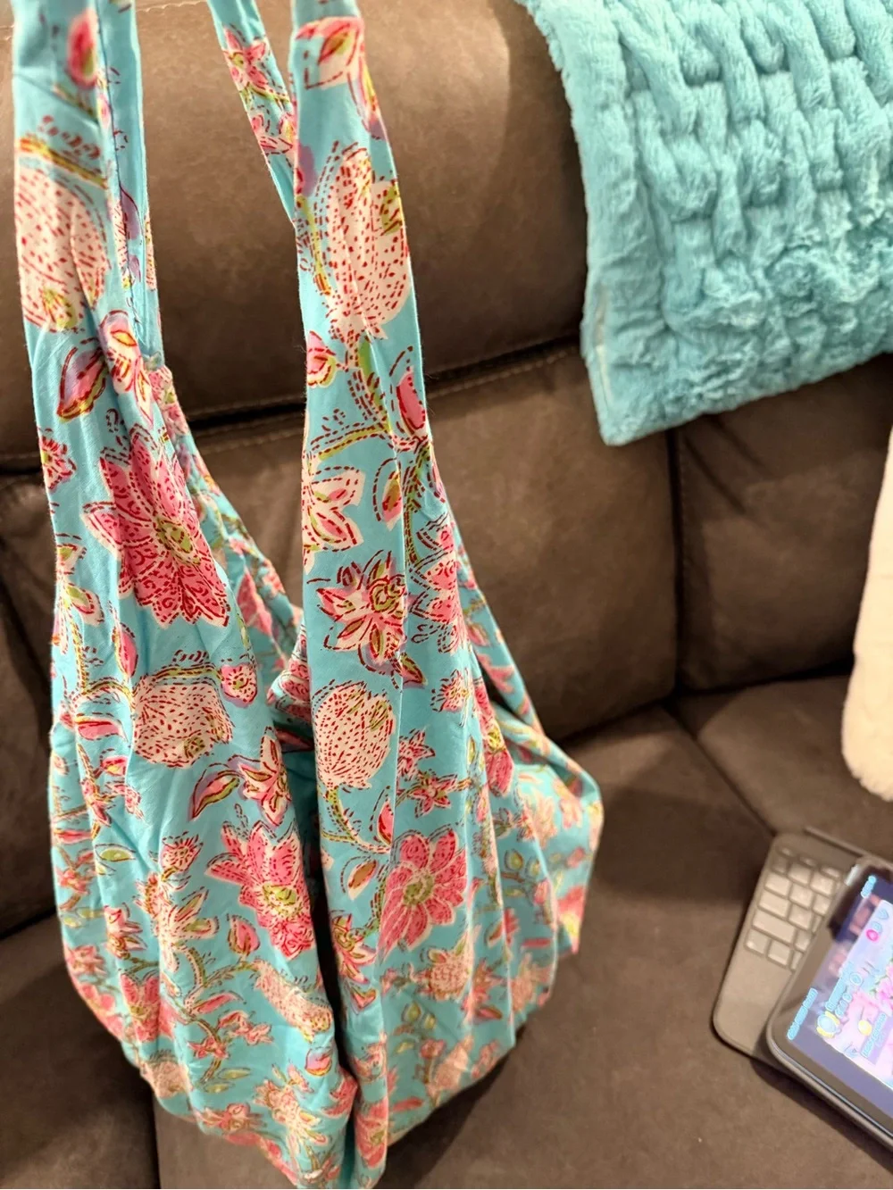 Karma Highway Floral Tote Bag in Aqua and Pink